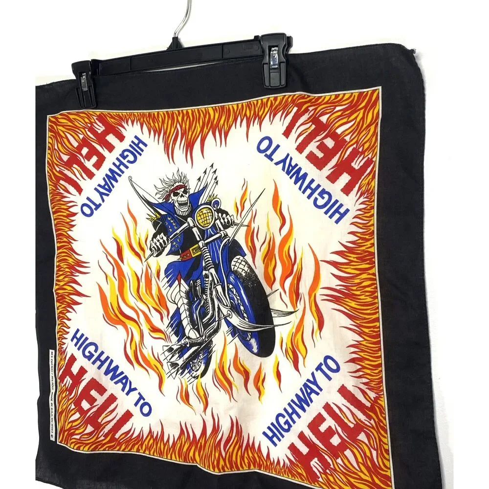Vintage 80s Biker Skull Bandana USA Made Rocker Metalhead Highway To Hell Scarf